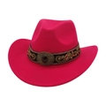 Detailed view of magenta felt cowboy hat with ethnic style embroidered band and gemstone buckle - Rose Red