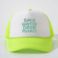 Cappellino trucker con ricamo Save Water Drink Margs, rete verde neon e chiusura regolabile - Bianco e Verde Fluorescente