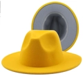 Detail of yellow wool fedora hat featuring a contrasting gray inner brim and flat wide edge - Yellow with Light Grey Inner