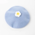 Cute light blue wool beret with white and yellow felt flower decoration for women - M (56-58cm) / Sky Blue/Floral