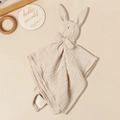 Beige cotton muslin baby bunny comforter toy with soft bow and rabbit ears - 30*30 cm / Khaki
