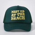 Detail of green trucker hat with yellow Meet Me At The Beach 3D embroidery and mesh back - Dark Green with Yellow Logo
