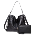 Schicke schwarze Shopper-Tasche aus PU-Leder mit passender Clutch, große Handtasche Damen - Schwarz 2-in-1-Set