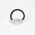 Silver leaf ponytail holder with rhinestone on black elastic band over white background - Silver - Rhinestone Leaf