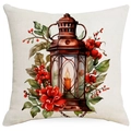 Linen cushion cover featuring vintage kerosene lamp with red festive floral prints - Vintage Oil Lamp / 45*45cm Single-sided Linen