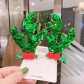 Barrettes bois de renne pailletés verts avec pompons rouges sur carte blanche - 1 Paire Cornes de Renne Vertes