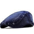 Classic dark blue washed denim flat cap with adjustable metal side buckle for men and women - Adjustable / Dark Denim Blue