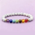 Adjustable seven chakra white turquoise bead bracelet with gold metal spacer accents - White Turquoise with 7 Chakra Elastic Bracelet - jw35