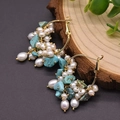 Handmade 925 silver hoop earrings with white pearls and blue turquoise stone beads - Turquoise Set Hoop Earrings