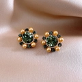Macro detail of vintage stud earrings with dark green crystal and champagne pearls - Green Crystal Pearl Stud Earrings (5#)