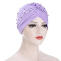Detail of purple pleated turban featuring delicate white pearls and silver beads decoration - Light Purple