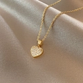 Golden heart pendant necklace with shimmering zircon inlay on luxury champagne silk - Titanium Steel Gold Style (X575)