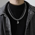 Silver double layer necklace with Cuban chain and gothic initial pendant on male model - Letter T (Double Chain + Pendant)