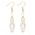 Handmade gold wire wrapped clear hexagonal crystal pendant hook earrings for women - Wire Wrapped Hexagonal Prism Earrings / Gold Clear Quartz Earrings