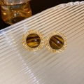 Vintage style gold filigree earrings featuring round tiger eye stone settings - Brown Coffee Style (16#)