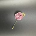 Detail view of handmade dusty rose satin rose brooch with golden hollow leaf and long pin - Bean Paste Red