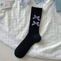 Black ribbed crew socks with two blue gingham bows in a sweet ballet aesthetic style - One Size / Black Checkered
