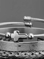 Three-piece silver stainless steel bracelet set with cross pendant and Spanish scripture - Steel Wire Cross Steel Color Set