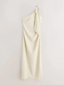 Detail of elegant one-shoulder cream dress with bow accent and ruched satin texture - S / White