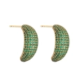 Detailed macro view of gold-plated C-shaped earrings with emerald green zircon pavé stones - Gold-Plated Green Zirconia Moon Shaped