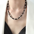 Punk style titanium steel necklace with black agate bamboo beads and silver round beads - 40+5cm / Black Agate