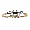Adjustable gold beaded bracelet with colorful zircon MAMA letters on white background - MAMA Gold Copper Bead Black Rope Bracelet