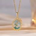 French vintage oval lace necklace with white rose and diamond butterfly pendant - Blue Enamel Rose Necklace