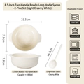 Creamy white 8.5 inch ceramic double handle soup bowl with spoon and anti-slip texture - 8.5 Inch Bowl with Twisted Spoon / Creamy White