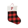 Red and black buffalo plaid Christmas stocking with white faux fur and red letter P - Letter P