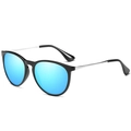 Classic black round sunglasses with vibrant blue mirrored lenses and slim silver temples - Bright Black Silver Leg Blue Mirrored Polarized C3