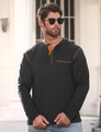 Detail of grey Henley sweatshirt with orange contrast stitching and buttoned collar - S / Black
