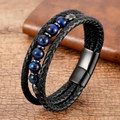 Detailed close-up of multilayer leather bracelet with blue tiger eye beads and magnetic clasp - Black Leather + Blue Tiger Eye