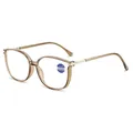 Women's amber blue light blocking reading glasses with large frame and gold metal temples - Brown Frame