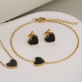 French style gold stainless steel jewelry set with black enamel heart necklace and earrings - Necklace + Earrings / Golden Enamel