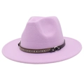 Detail of lavender wool fedora hat featuring ethnic woven band and silver metal buckle - M (56-58cm) / Light Purple
