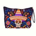 Borsa da trucco con stampa teschio Giorno dei Morti su tela viola con cerniera - Stile Teschio Sombrero Viola (Con Manico in Fettuccia)