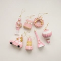7-piece set of pink and white Christmas ornaments featuring nutcrackers and ornaments - Pink Ornament Set