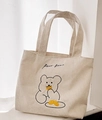 Beige corduroy tote bag featuring a cute cartoon bear embroidery and top handles - Bear Cookie White