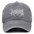 Detail of gothic embroidery on washed cotton vintage style distressed baseball cap - Gray