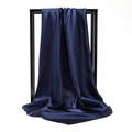 Elegant navy blue satin silk square scarf draped on a minimalist black stand - Navy Blue (SD90-48-14)