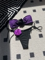 Two-piece color block bikini in purple and black with 3D rose floral accents - Purple Blue
