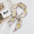 Pink narrow silk scarf with butterfly and chain print tied in a bow - 6x100cm / Gold Chain Butterfly