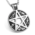 Silver pentagram pendant necklace with mystical runes on a stainless steel box chain - Round Plate + Stainless Chain