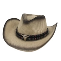 Western straw cowboy hat with longhorn bull skull charm and ethnic patterned band - Light Brown Gradient (With Windproof Rope)