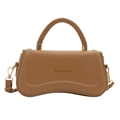 Minimalist tan leather handbag with wavy bottom and gold Fashion text on white background - Khaki