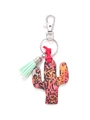 Detail of wooden cactus keychain with orange leopard print pattern and mint green tassel - Orange Pink Leopard Cactus/Mint Green Tassel