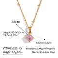 Detail view of golden stainless steel necklace with pink zircon and dimension parameters - Pink Round Style (YYN025311-PK)