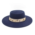 Detail of navy wool felt fedora featuring an ethnic pattern woven band and wide flat brim - M (56-58cm) / Navy Blue