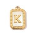 Detailed view of rectangular K letter shell pendant with gold polished steel frame - Letter K