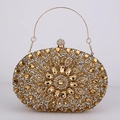 Elegant oval rhinestone evening clutch bag with floral pattern and metal round handle - Gold